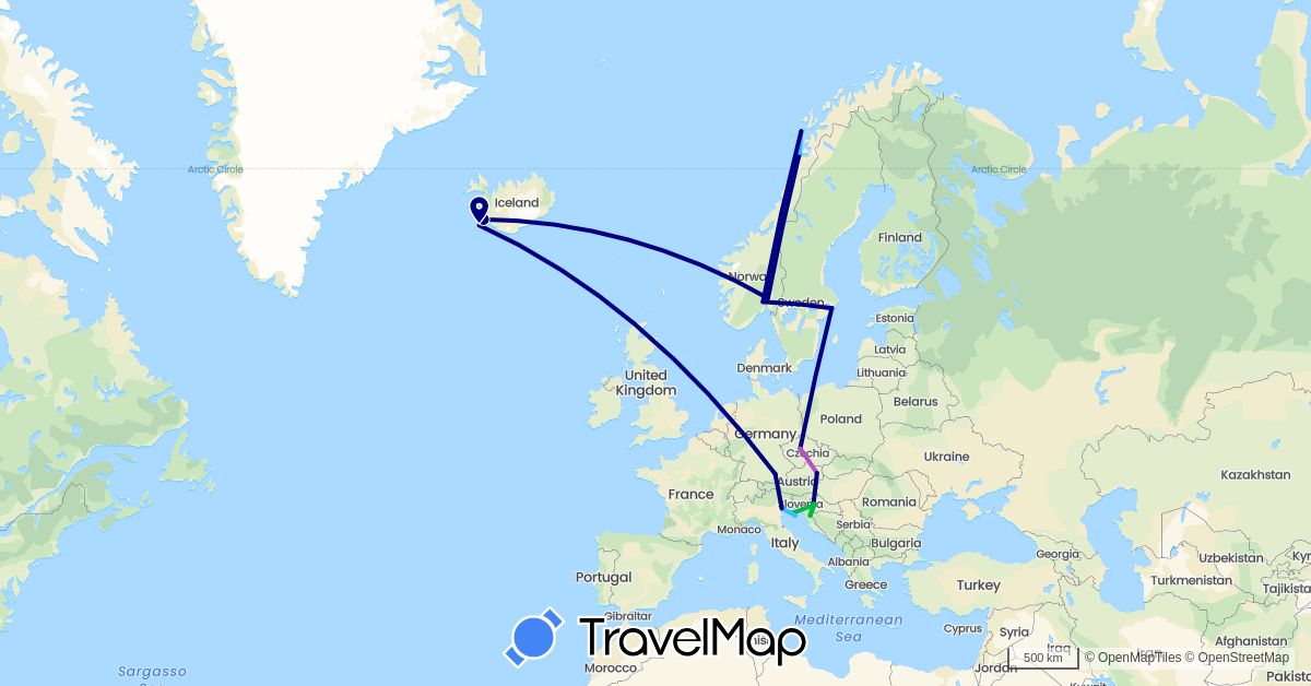 TravelMap itinerary: driving, bus, train, boat in Austria, Czech Republic, Germany, Croatia, Iceland, Italy, Norway, Sweden (Europe)